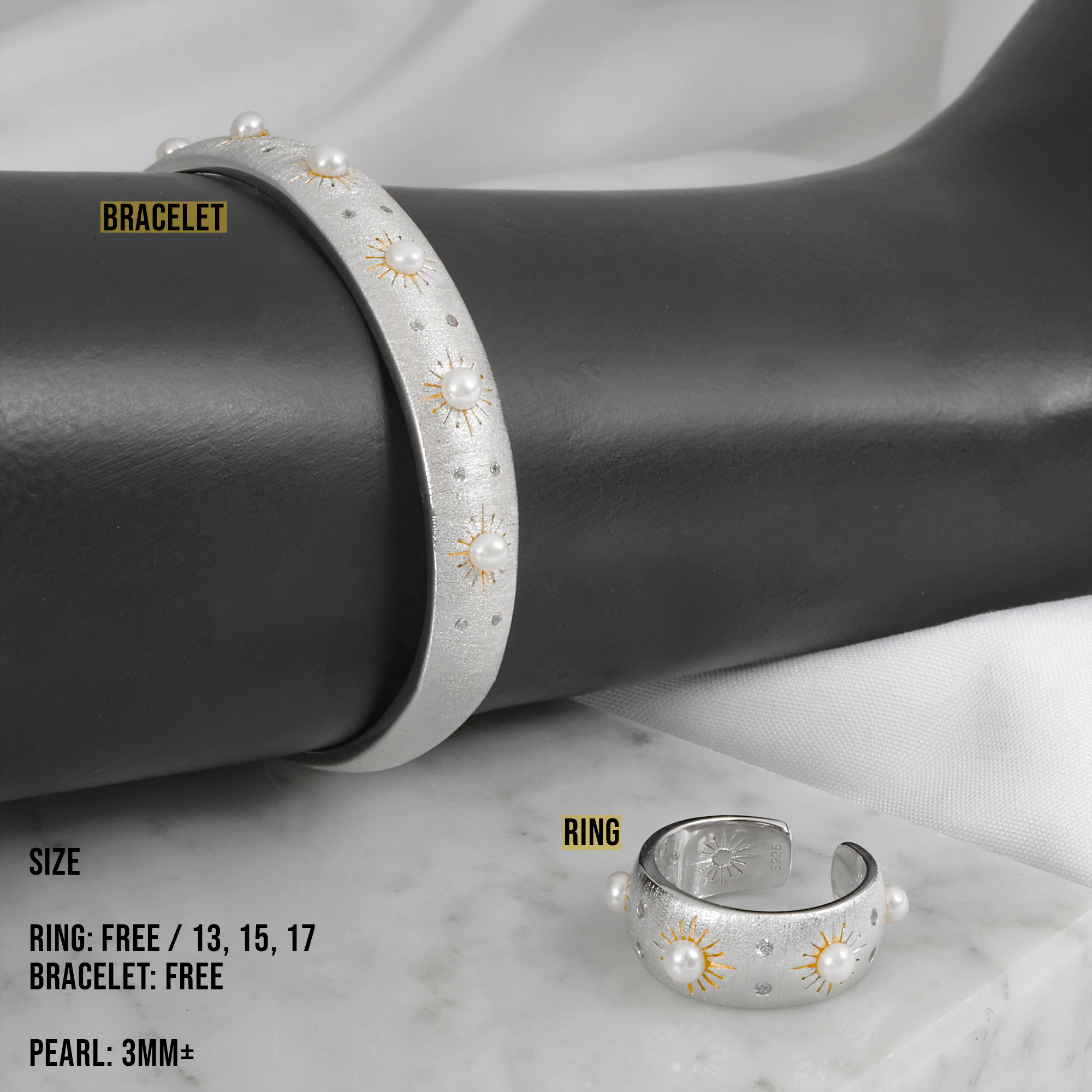 [SR4406], [SB4406] 银色 925 立方氧化锆圆点 珍珠 开口 饰品 SET